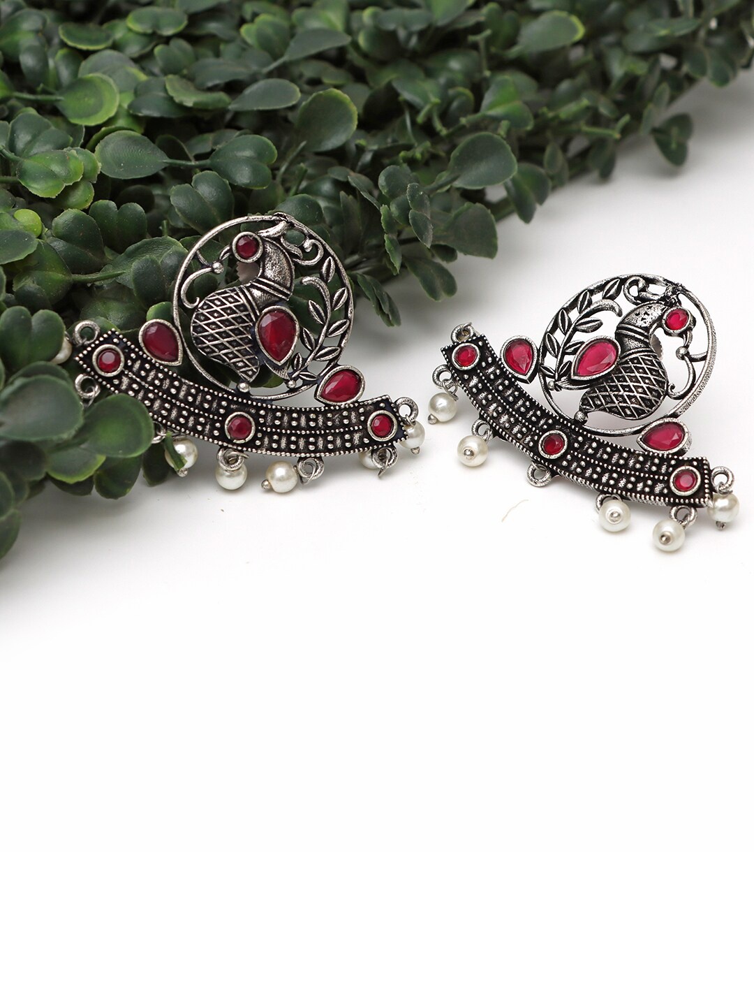 

Ozanoo Brass Plated Peacock Shaped Oxidised Stone Studded Drop Earrings, Red