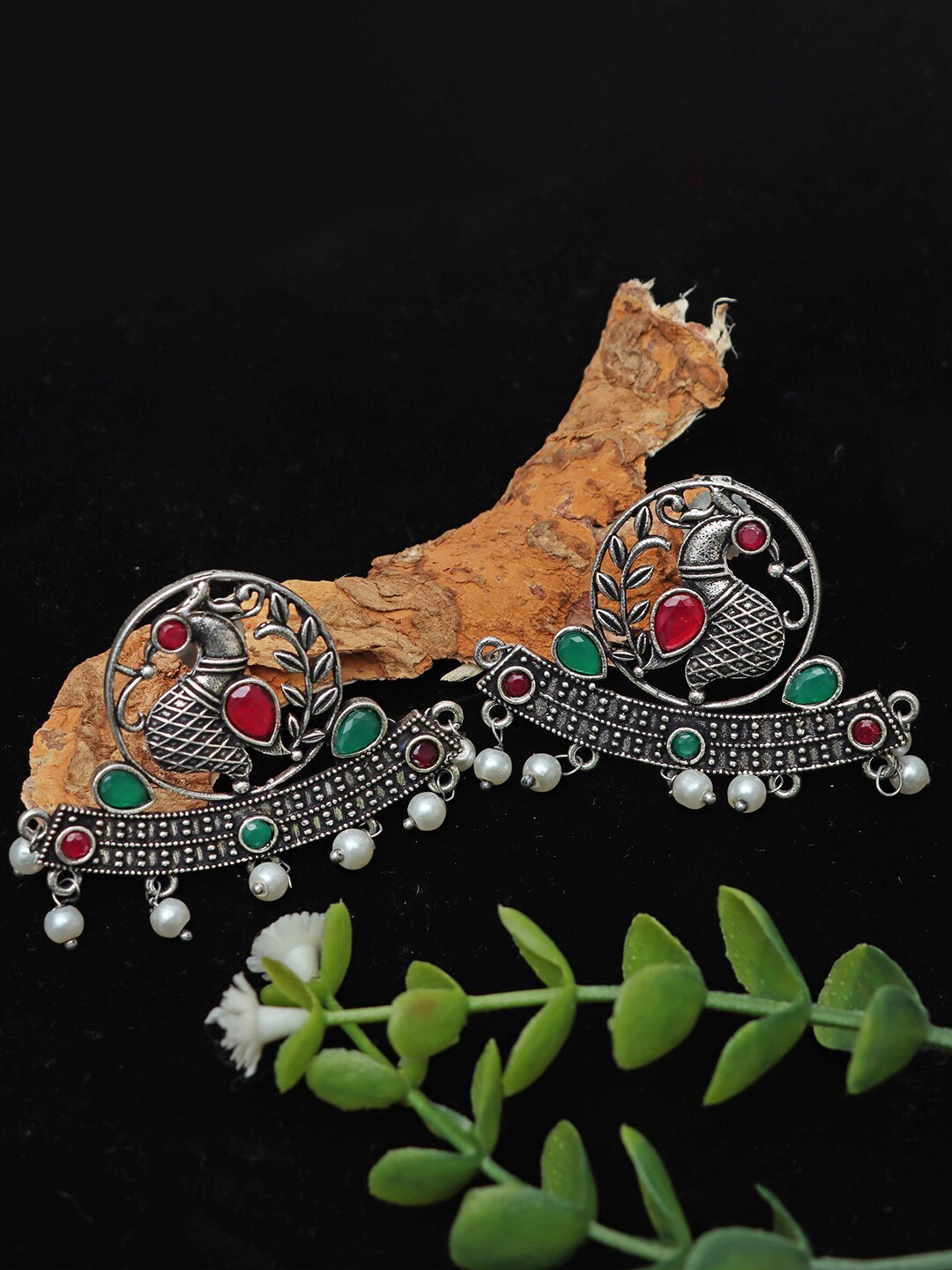 Ozanoo Brass-Plated Peacock Shaped Oxidised Stud Earrings, Red
