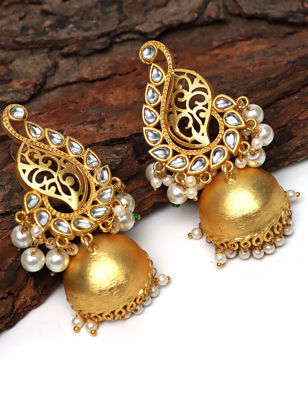 

Ozanoo Gold-Plated Dome Shaped Jhumkas Earrings, White