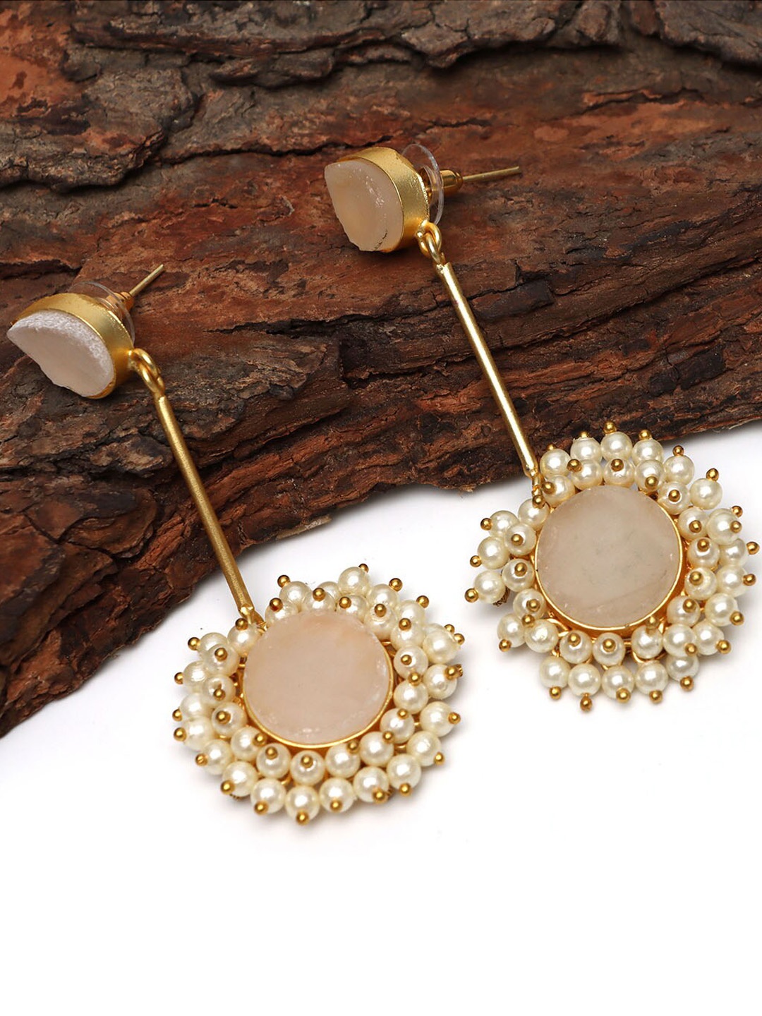 

Ozanoo Gold Plated Contemporary Stone Studded Drop Earrings, Pink