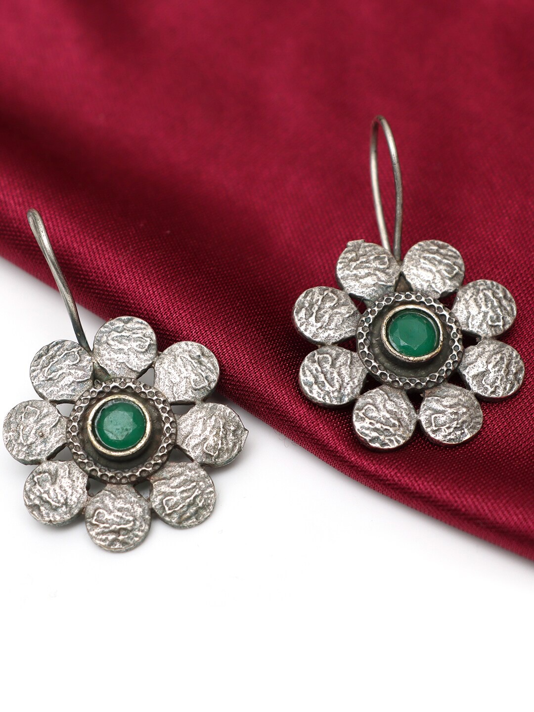 Ozanoo Brass-Plated Oxidised Floral Drop Earrings, Green