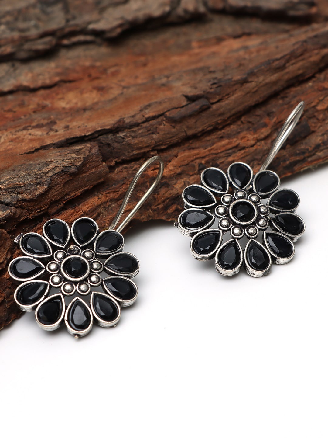 

Ozanoo Brass-Plated Stone Studded Oxidised Drop Earrings, Black