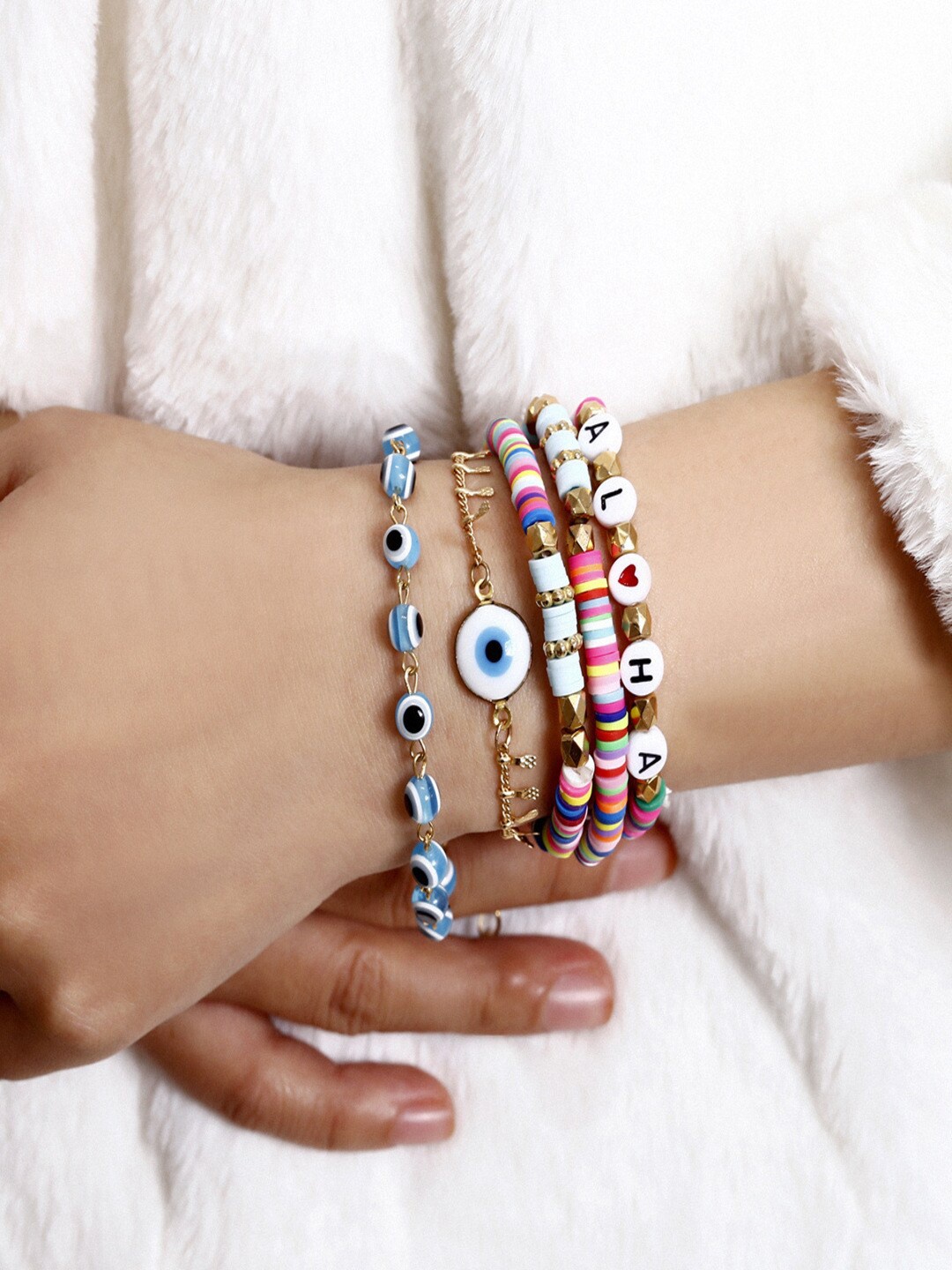

AQUASTREET Women Set of 5 Multistrand Elasticated Evil Eye Boho Bracelet, Gold