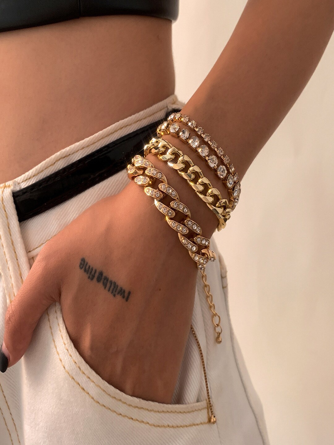 

AQUASTREET Women Set Of 4 Gold-Plated Stone-Studded Link Bracelet, White