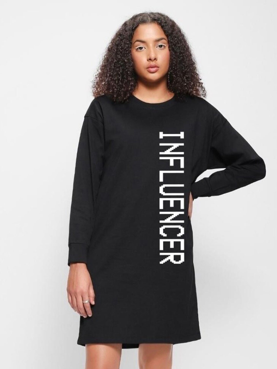 

Bewakoof Plus Women Plus size Typography Printed T-shirt Dress, Black