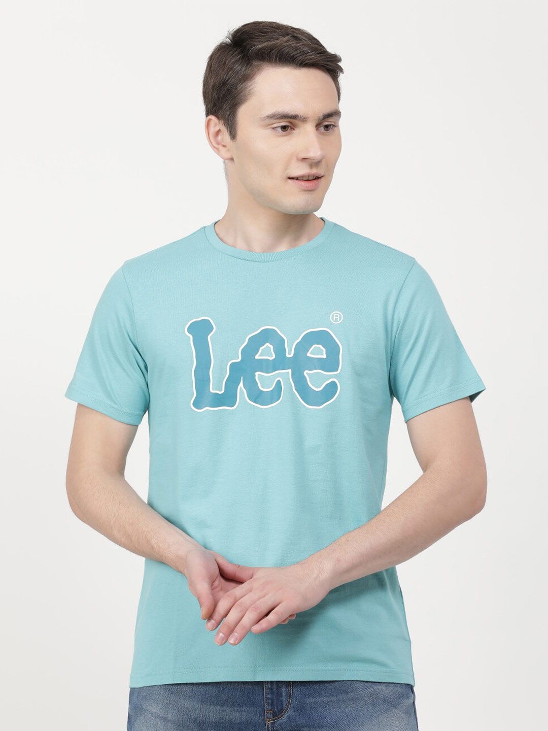

Lee Men Brand Logo Printed Slim Fit Cotton T-shirt, Blue