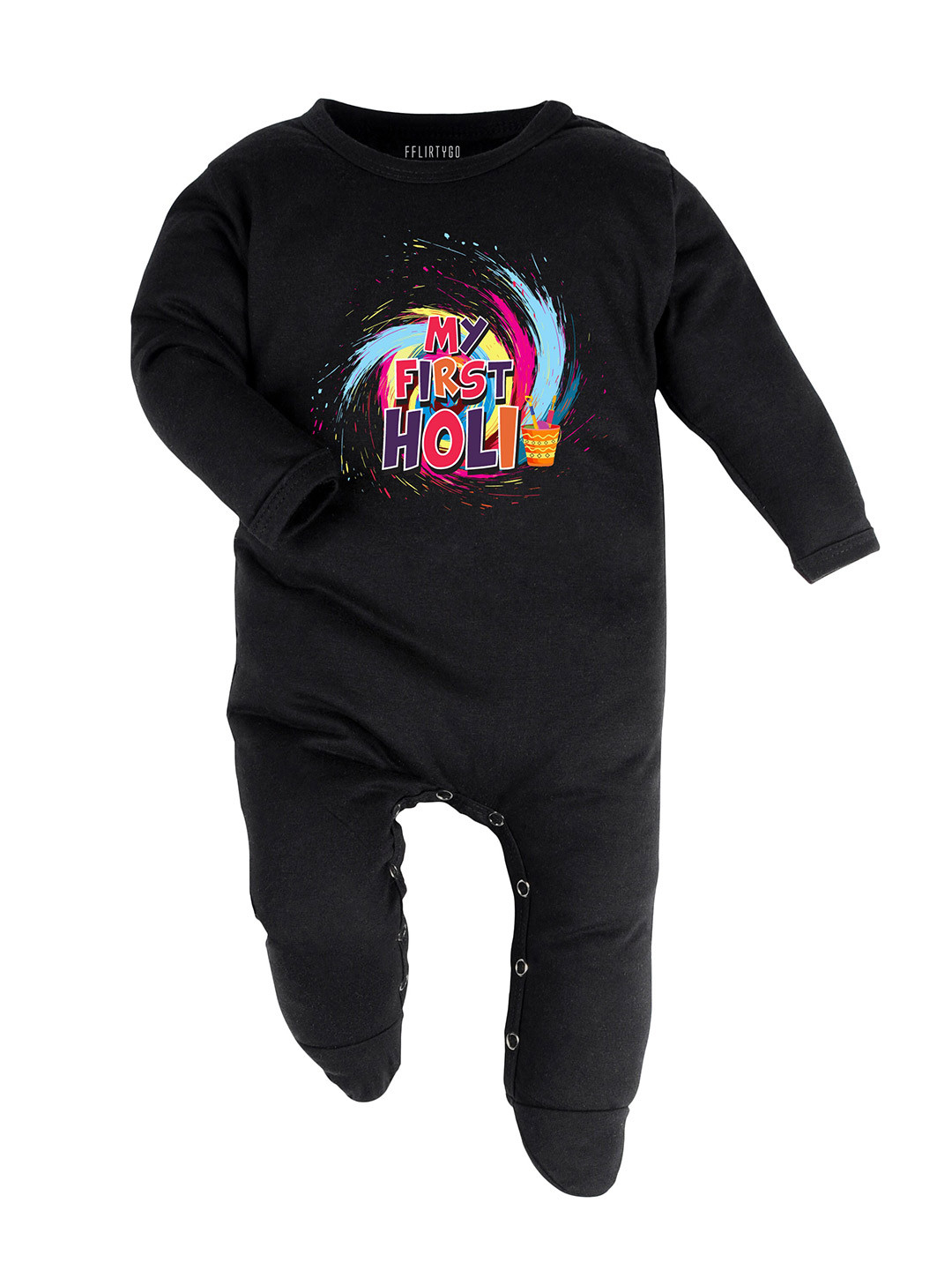 

FFLIRTYGO Infants Kids Holi Printed Pure Cotton Sleepsuit, Black