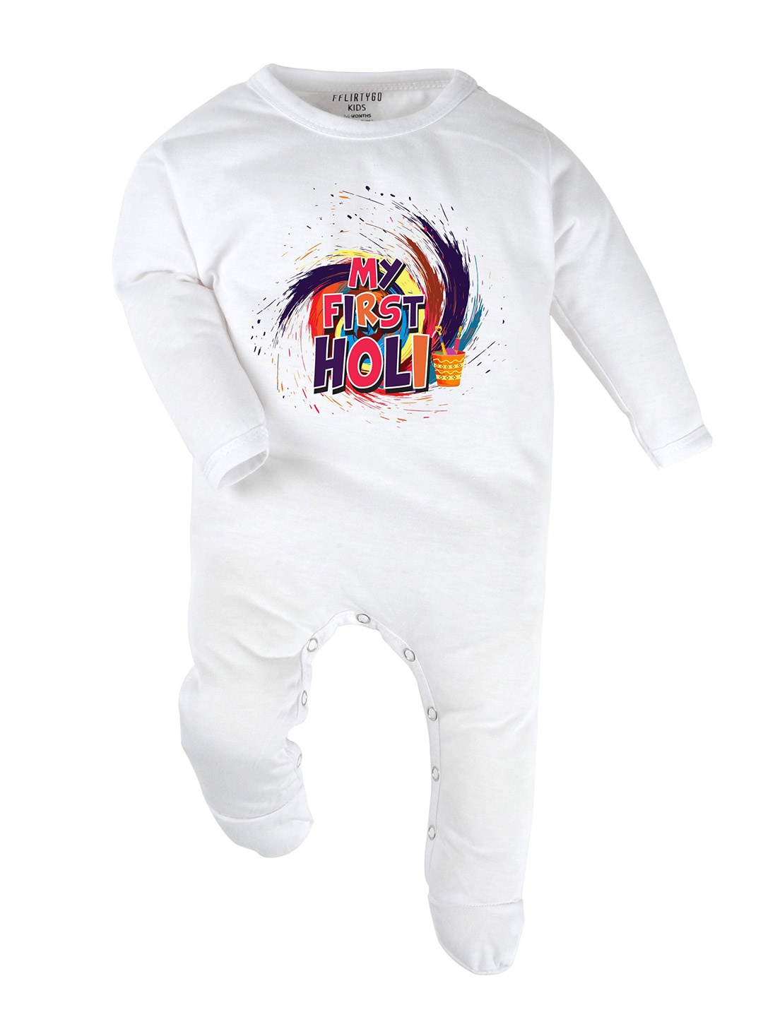 

FFLIRTYGO Infants Kids Holi Printed Pure Cotton Sleepsuit, White