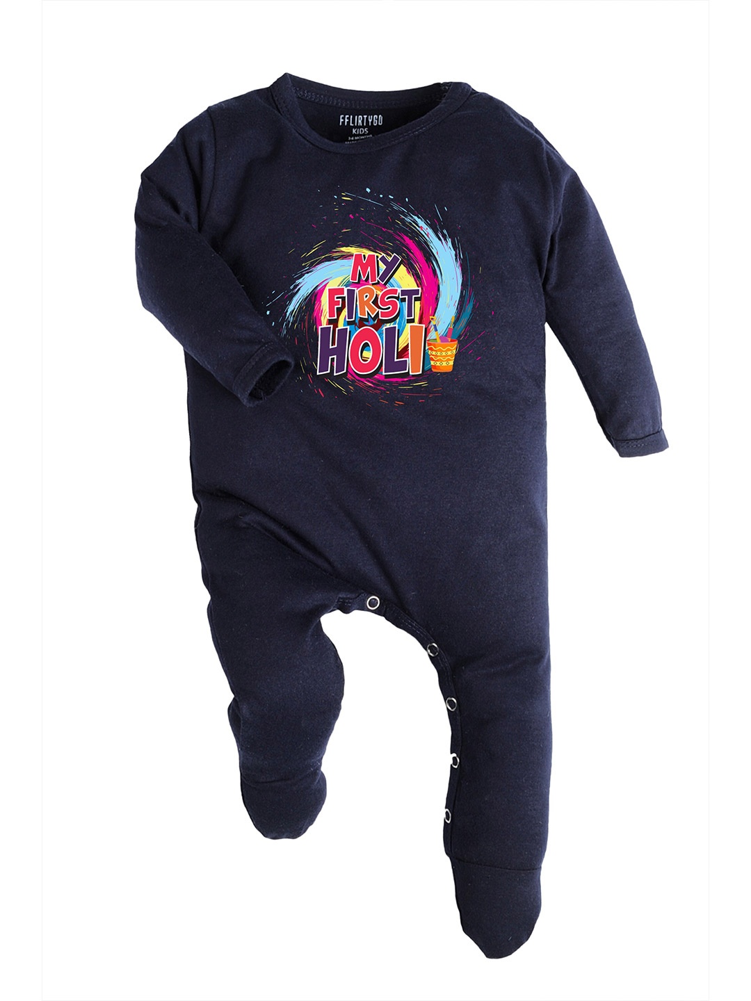 

FFLIRTYGO Infants Kids Holi Printed Pure Cotton Sleepsuit, Navy blue