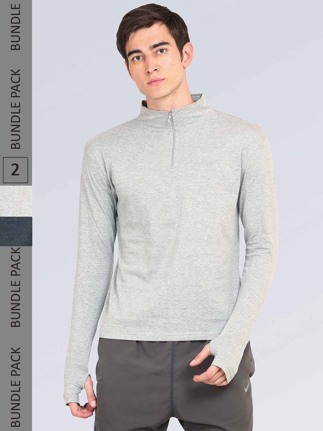 

appulse Men Pack Of 2 High Neck Slim Fit Cotton T-shirt, Charcoal