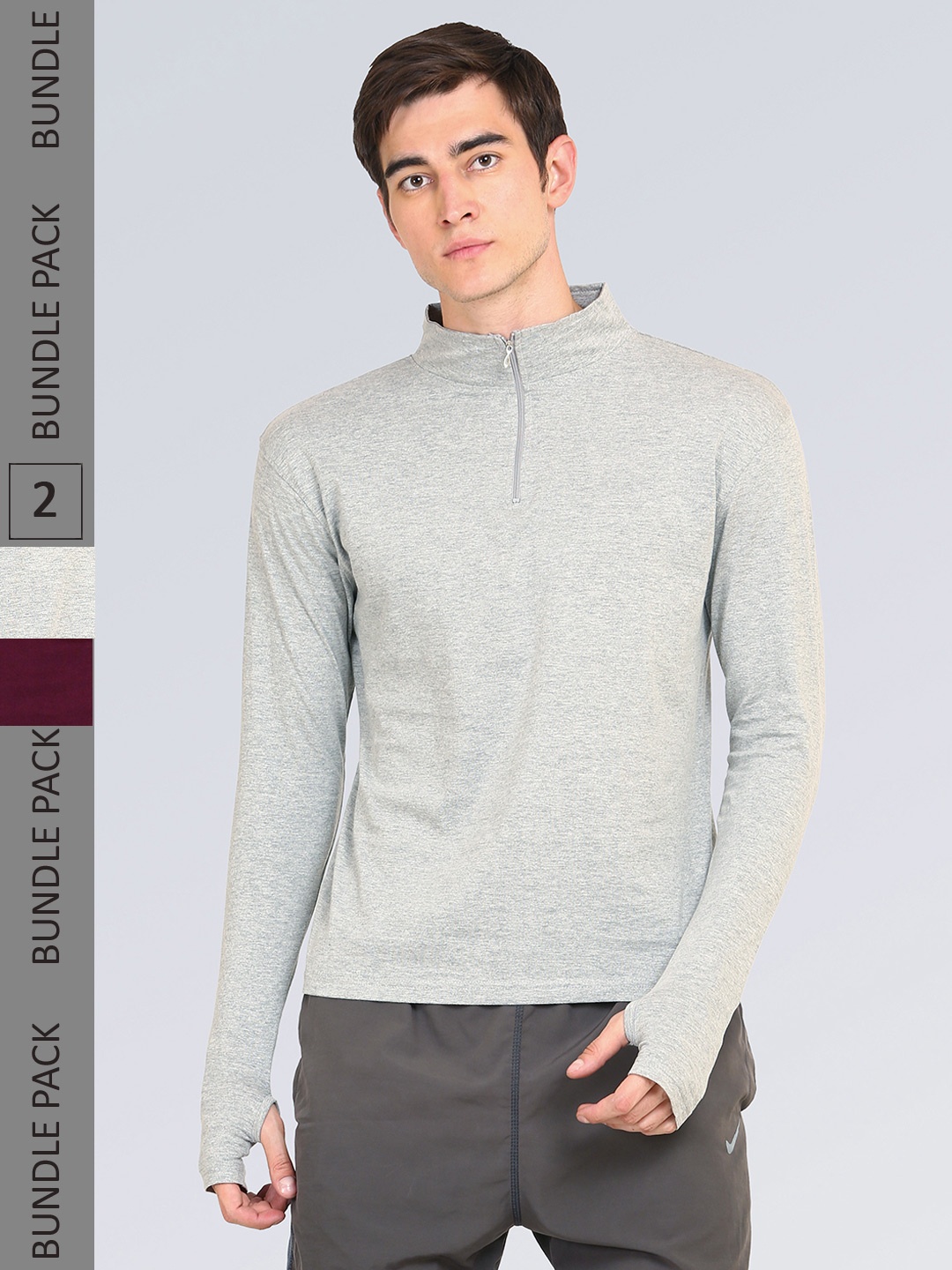 appulse Men Pack Of 2 High Neck Slim Fit Cotton T-shirt, Grey