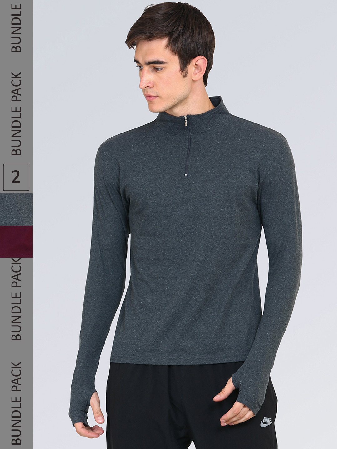 

appulse Men Pack of 2 High Neck Slim Fit Cotton T-shirt, Charcoal