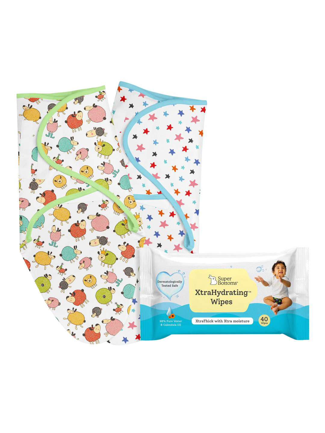 

SuperBottoms Infants Set Of 2 Printed Pure Cotton Swaddle Wrap with XtraHydrating Wipes, White