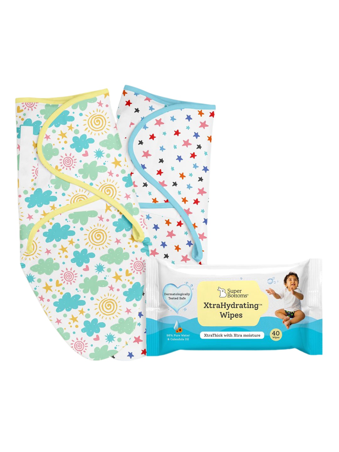 

SuperBottoms Infants Set Of 2 Printed Pure Cotton Swaddle Wrap with XtraHydrating Wipes, White