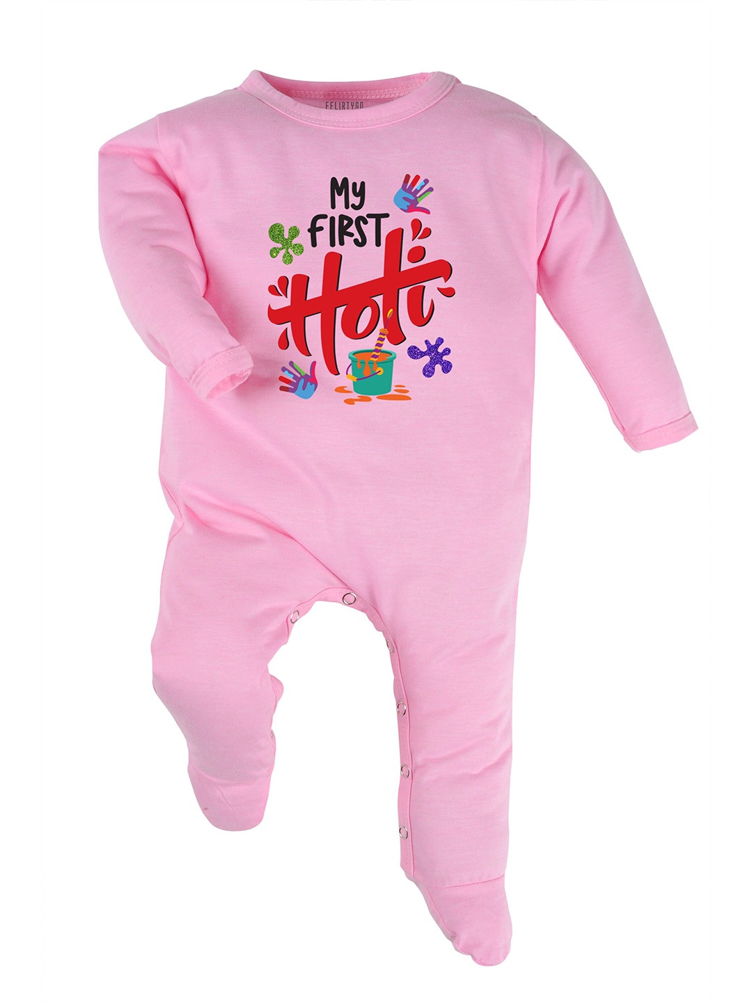 

FFLIRTYGO Infants Kids Holi Printed Pure Cotton Sleepsuit, Pink