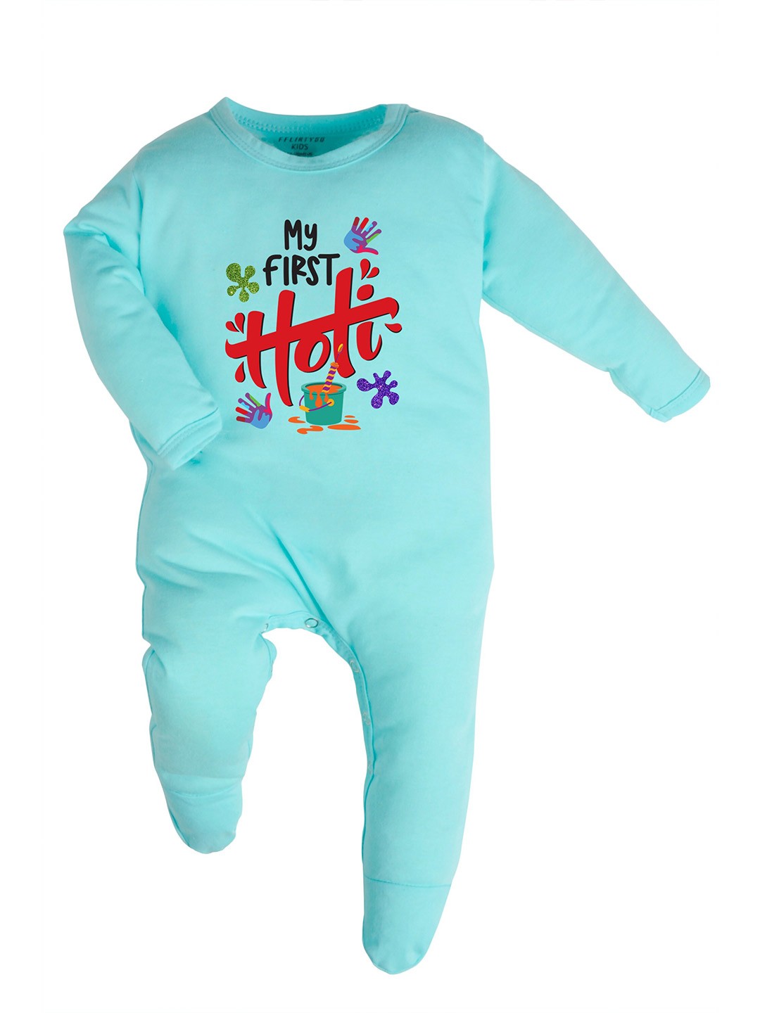 

FFLIRTYGO Infants Kids Holi Printed Pure Cotton Sleepsuit, Turquoise blue