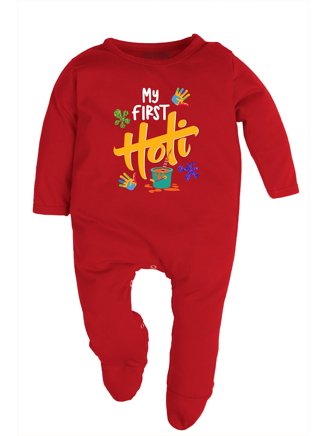 

FFLIRTYGO Kids Holi Printed Pure Cotton Sleepsuit, Red