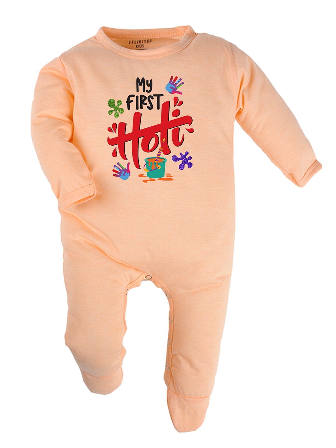 

FFLIRTYGO Kids Holi Printed Pure Cotton Sleepsuit, Peach