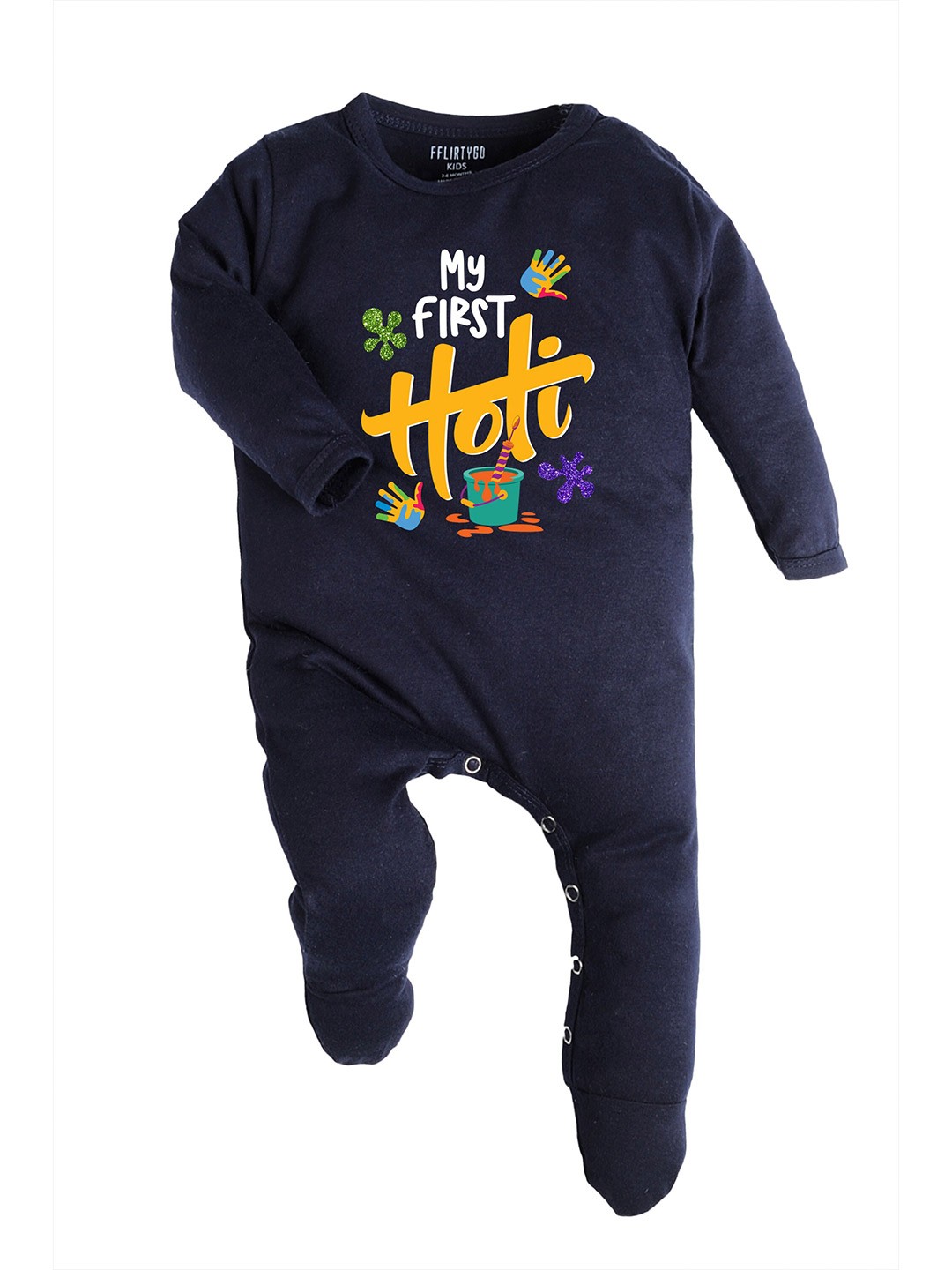

FFLIRTYGO Kids Holi Printed Pure Cotton Sleepsuit, Navy blue