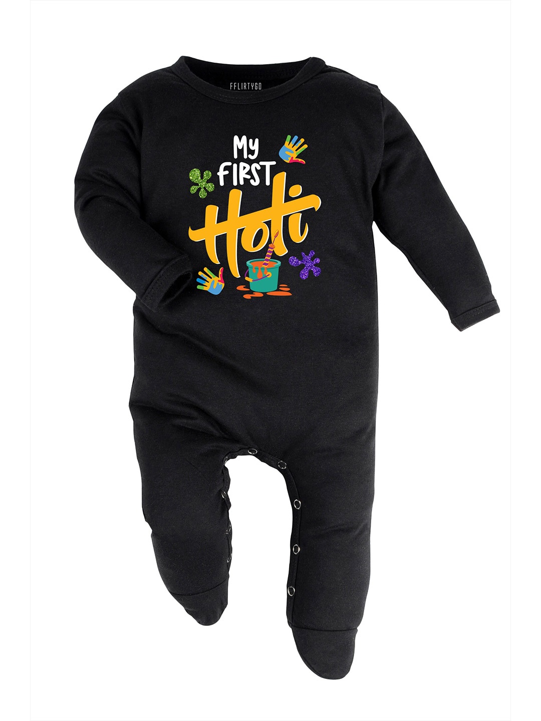 

FFLIRTYGO Kids Holi Printed Pure Cotton Sleepsuit, Black