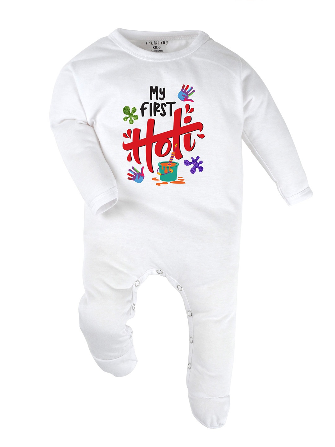 

FFLIRTYGO Kids Holi Printed Pure Cotton Sleepsuit, White