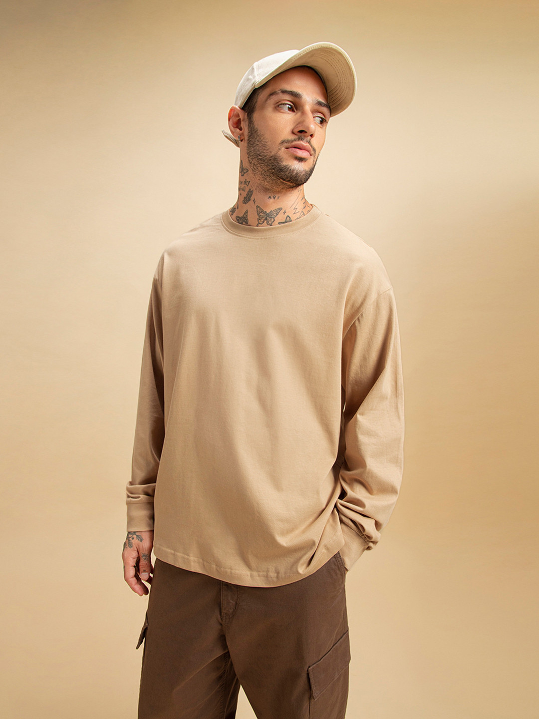 

Bewakoof Cotton Solid Oversized T-shirt, Beige