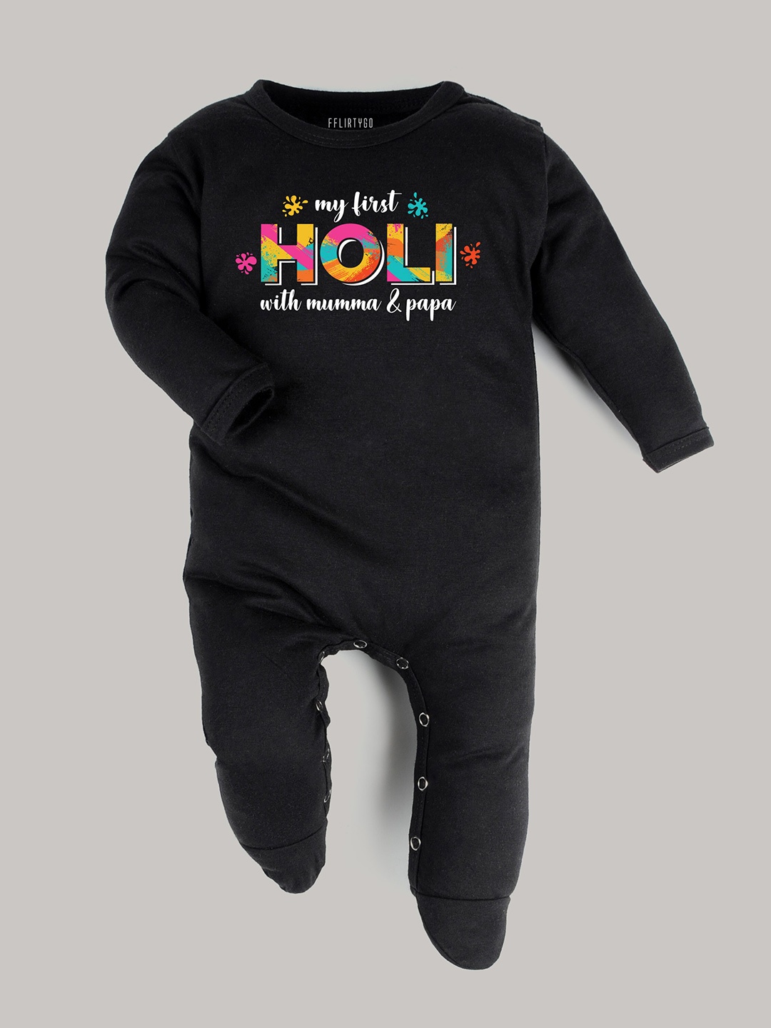 

FFLIRTYGO Infants Holi Printed Pure Cotton Sleepsuit, Black