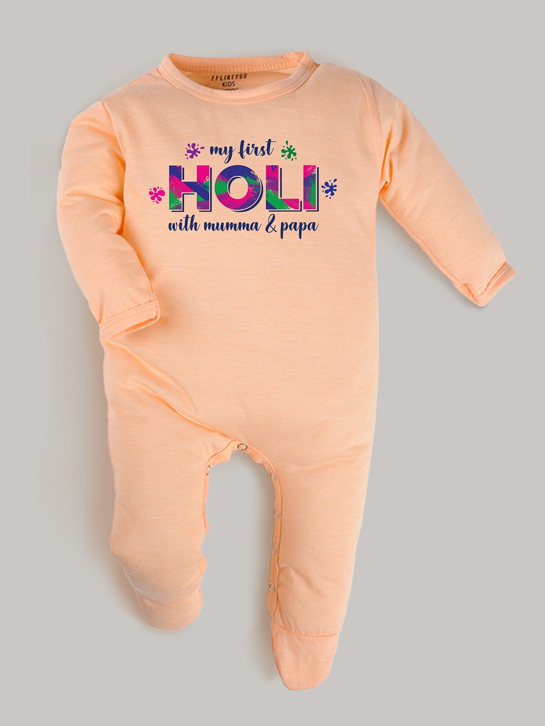 

FFLIRTYGO Infants Holi Printed Pure Cotton Sleepsuit, Peach