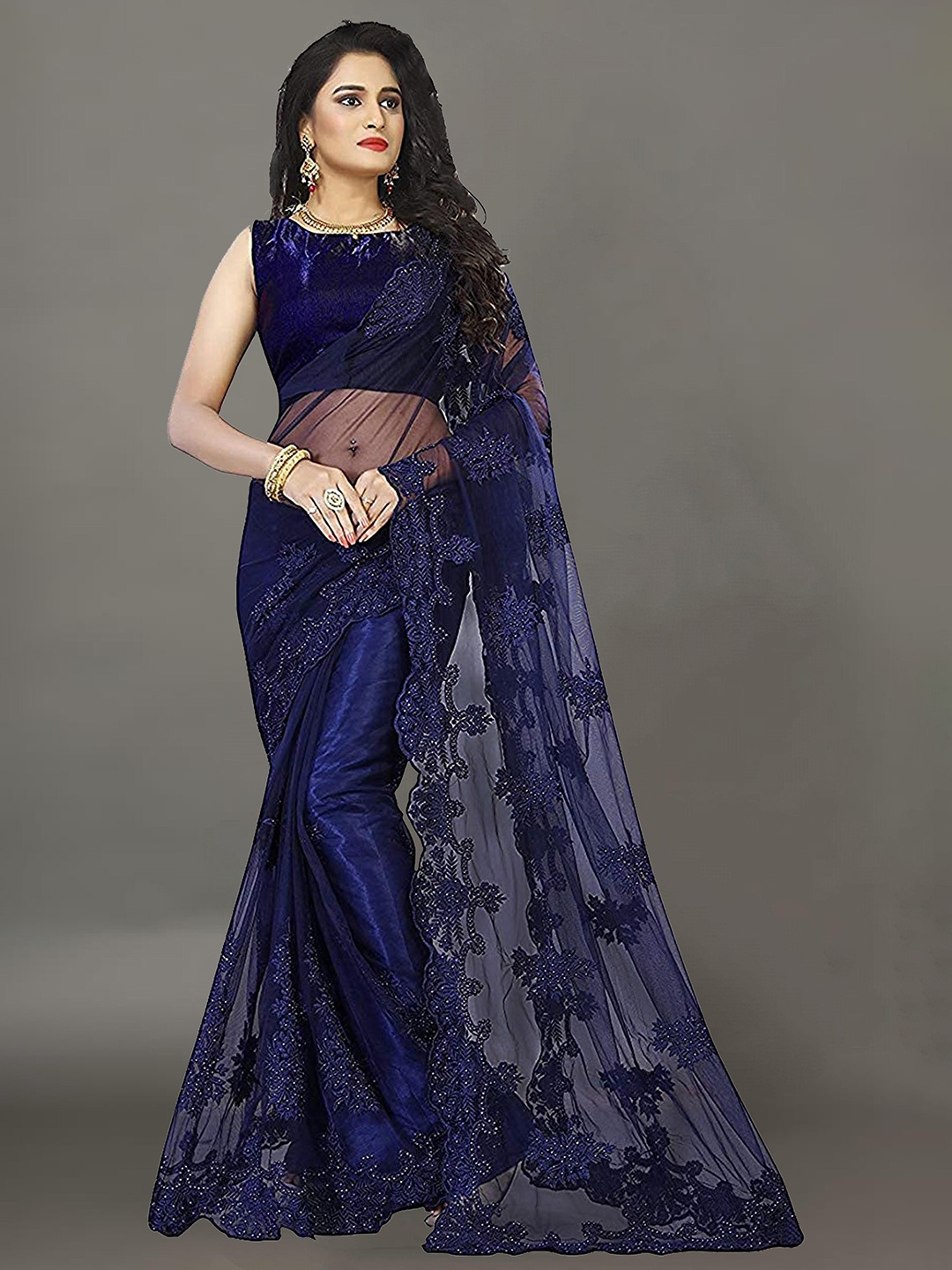 Ekta Textiles Floral Embroidered Saree, Navy blue
