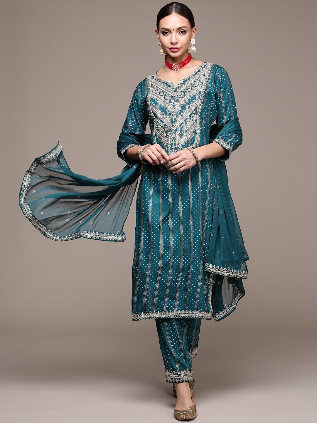 

Anubhutee Women Ethnic Motifs Embroidered Kurta With Trousers & Dupatta, Blue