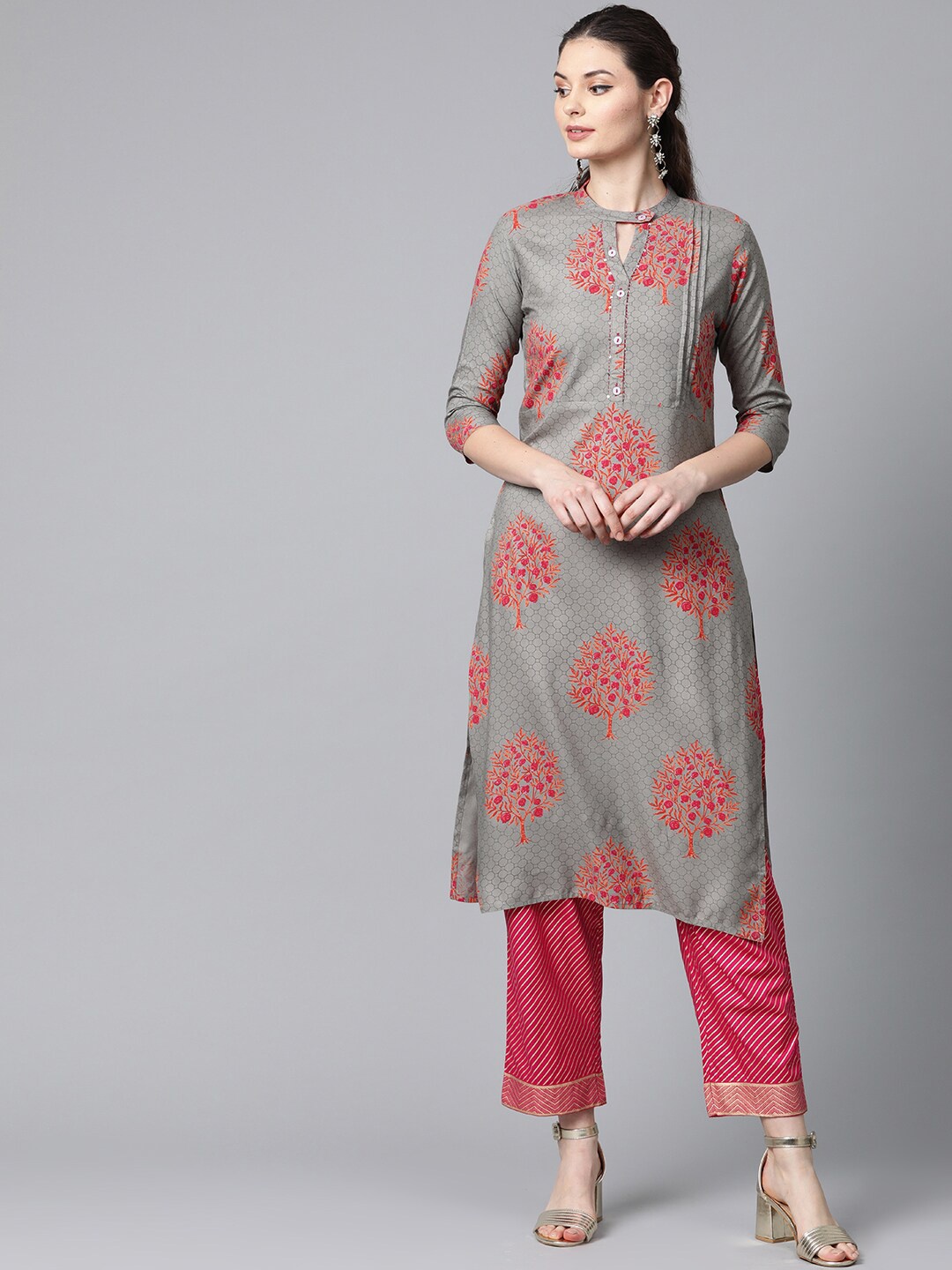 Anubhutee Women Floral Printed Kurta With Trousers, Grey