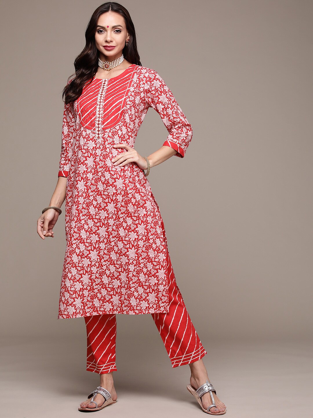 

Anubhutee Women Floral Printed Mirror Work Pure Cotton Kurta With Trousers, Red