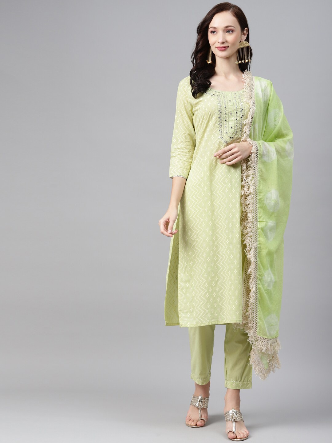 

Anubhutee Women Yoke Design Pure Cotton Kurta With Trousers & Dupatta, Green