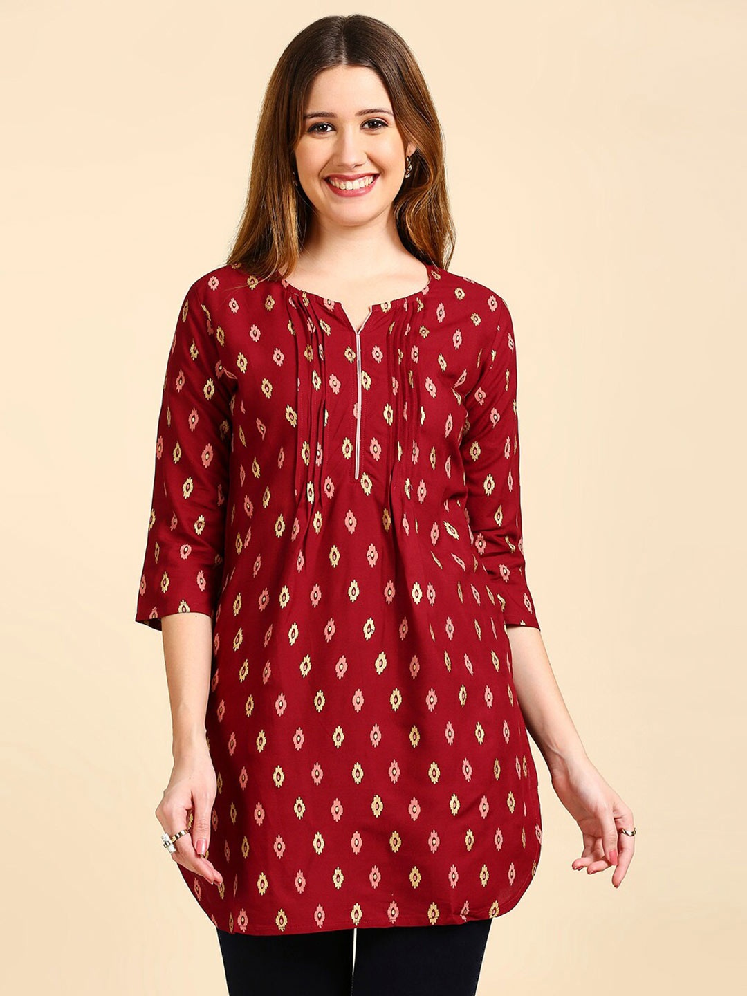 

Anubhutee Women Geometric Printed V-Neck Kurti, Maroon