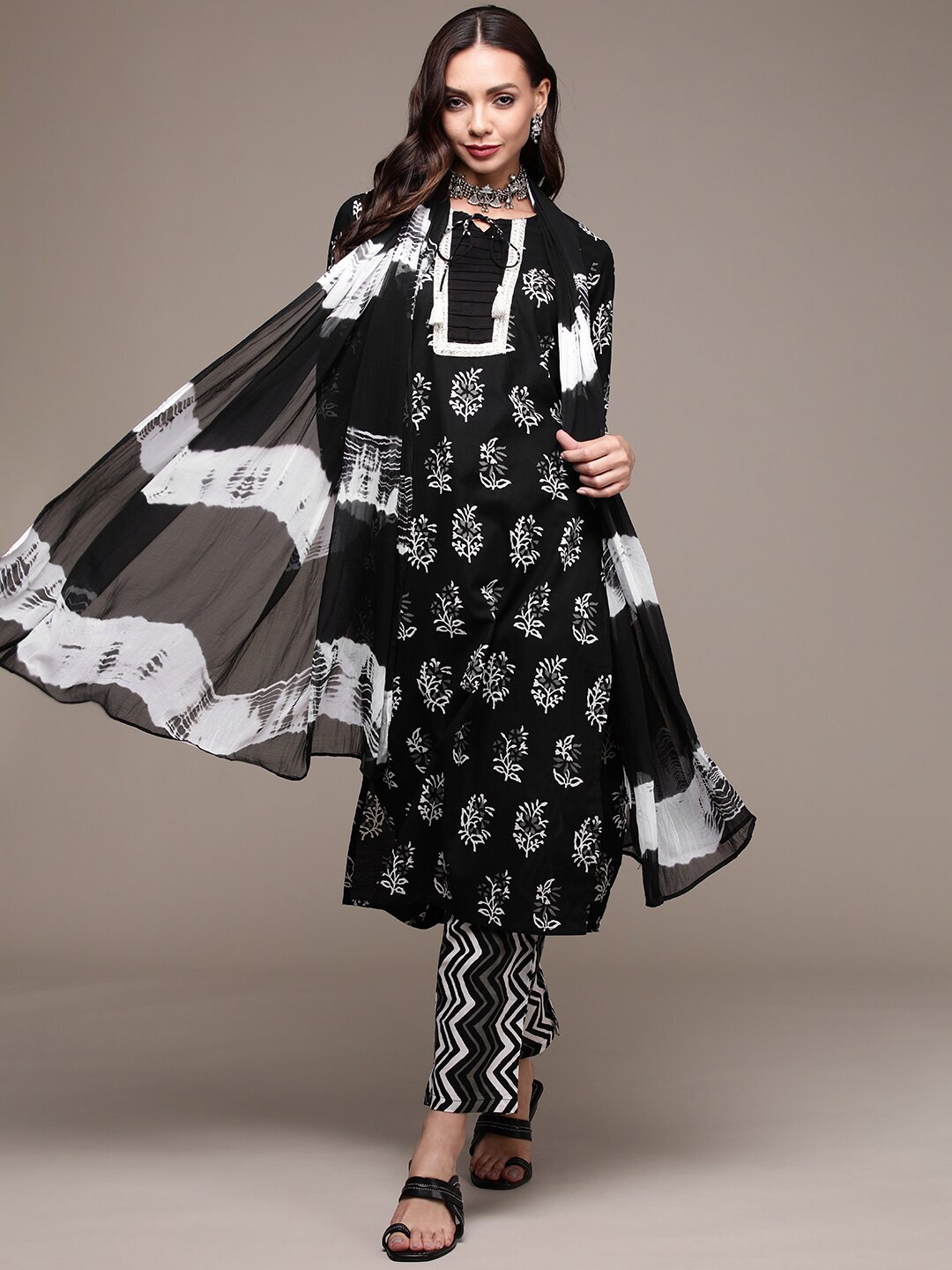 

Anubhutee Printed Pure Cotton Straight Kurta with Trousers & With Dupatta, Black