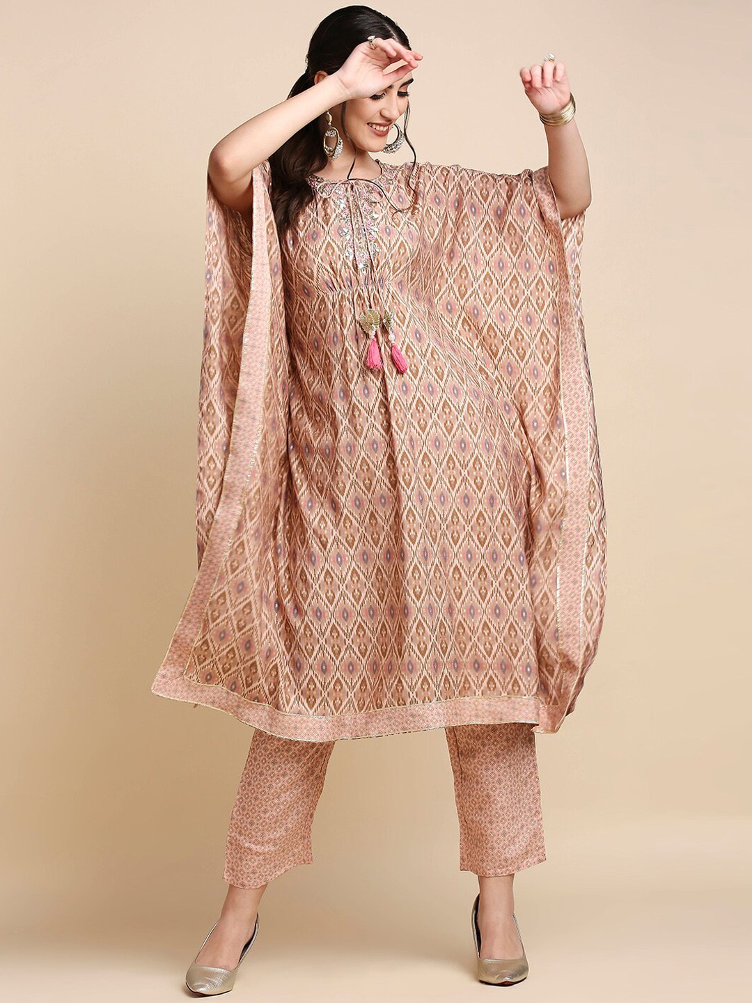 

Anubhutee Embroidered Tie-Up Neck Kaftan Kurta with Trousers, Brown