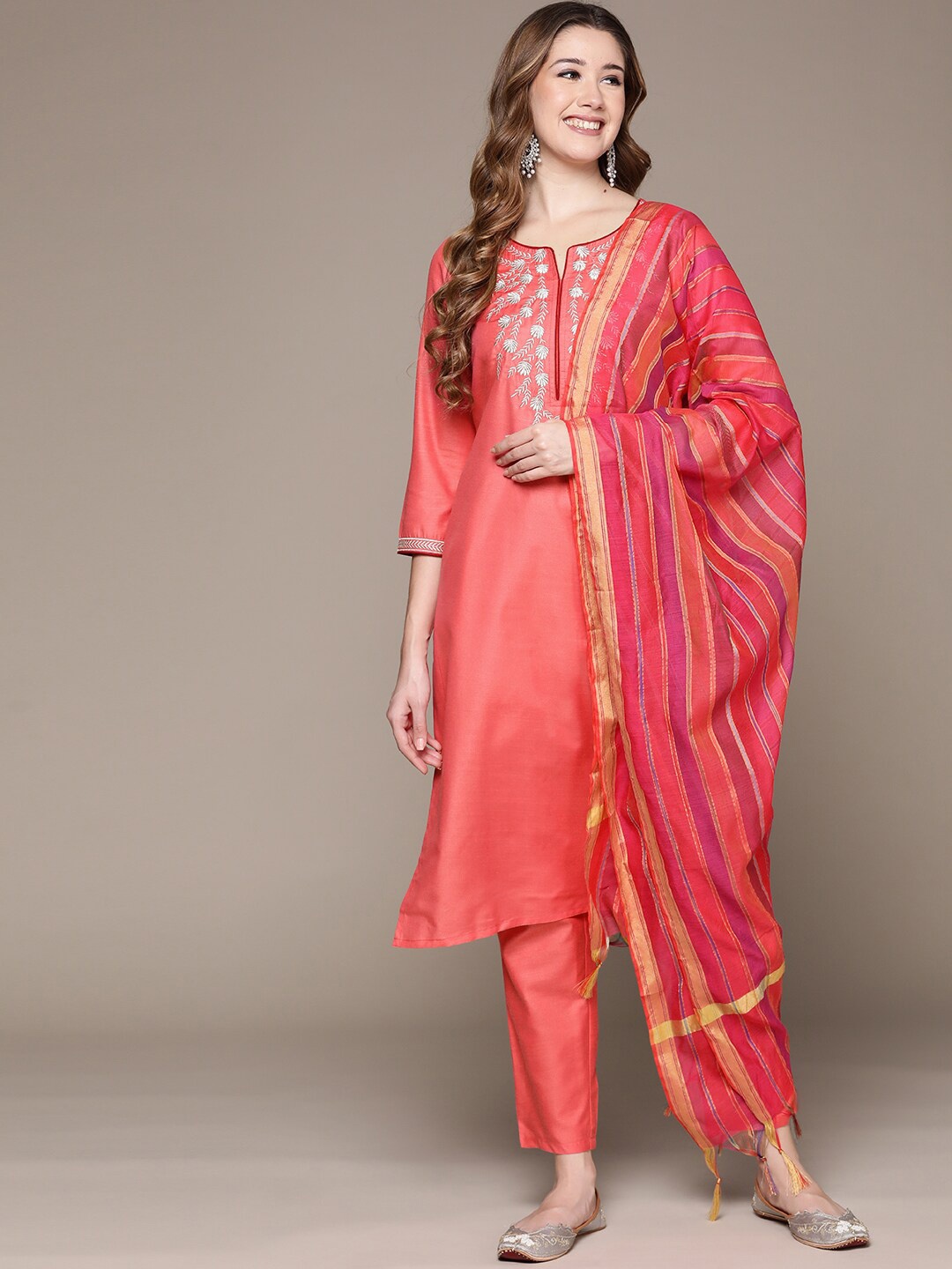 

Anubhutee Floral Embroidered Pure Cotton Kurta With Trousers & With Dupatta, Coral