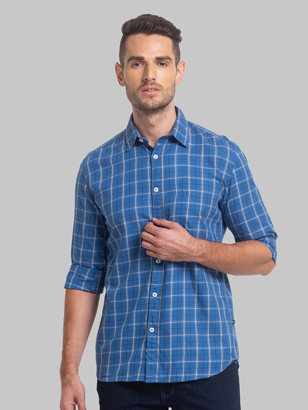 Parx Men Slim Fit Windowpane Checks Cotton Casual Shirt, Blue