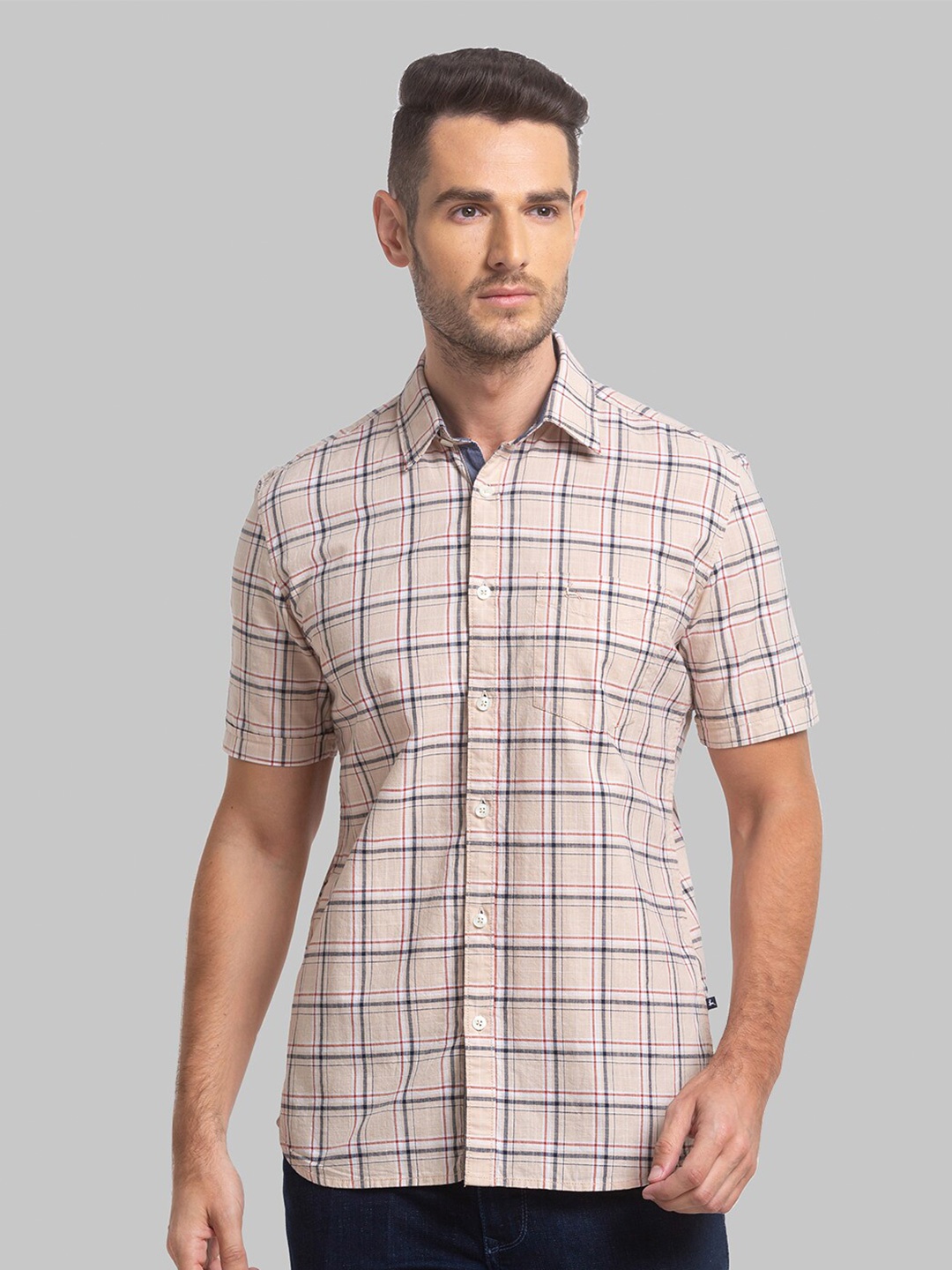 

Parx Men Slim Fit Windowpane Checks Cotton Casual Shirt, Beige