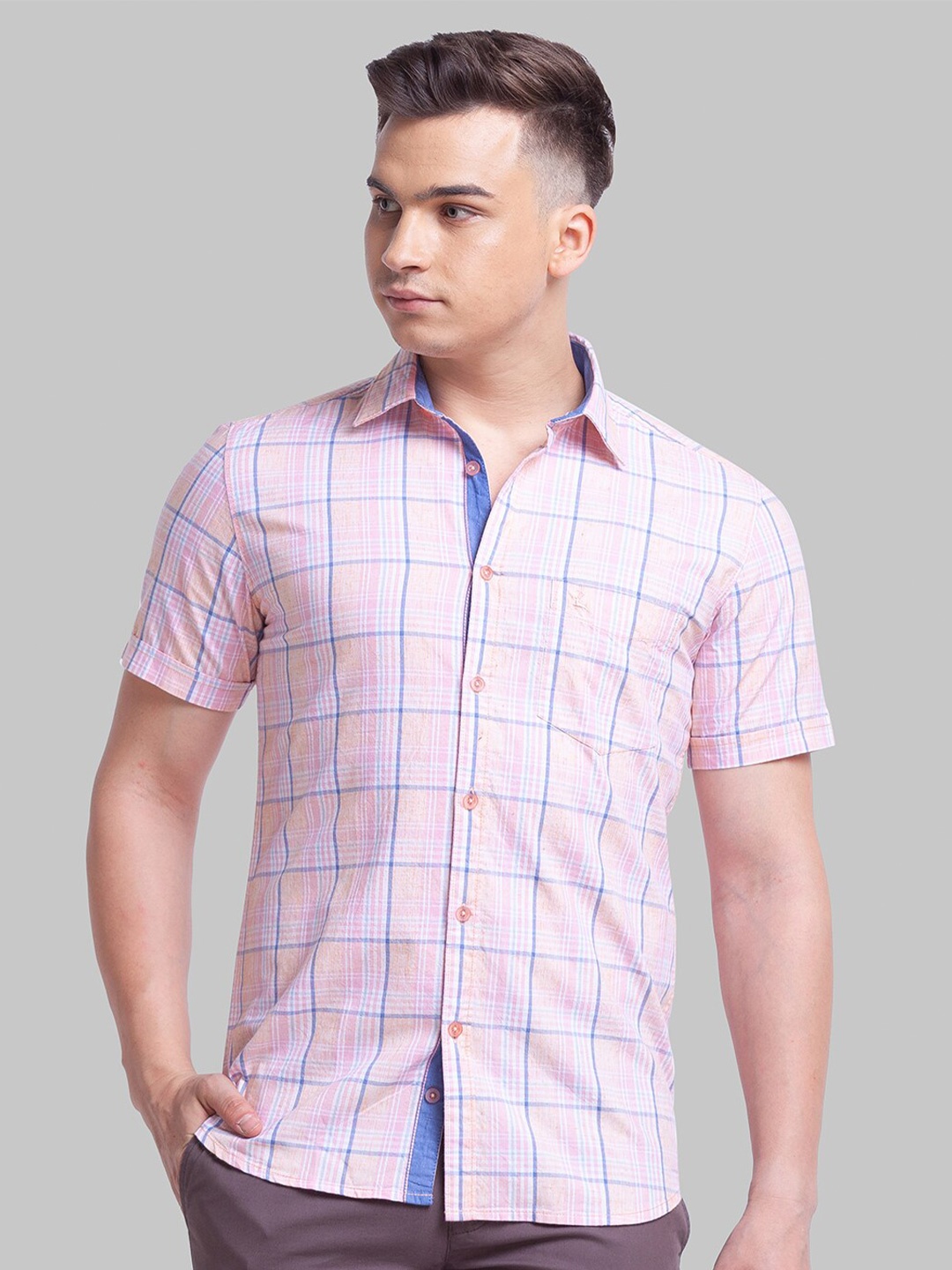 

Parx Men Slim Fit Checked Casual Cotton Shirt, Pink