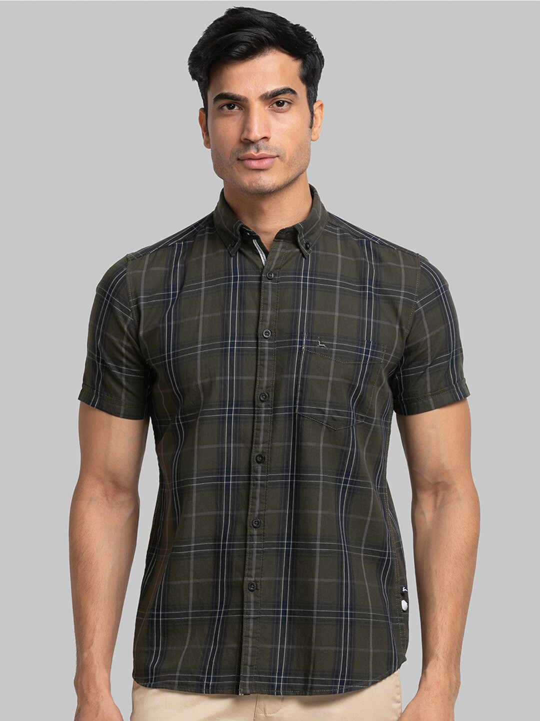 

Parx Men Slim Fit Tartan Checked Casual Cotton Shirt, Olive