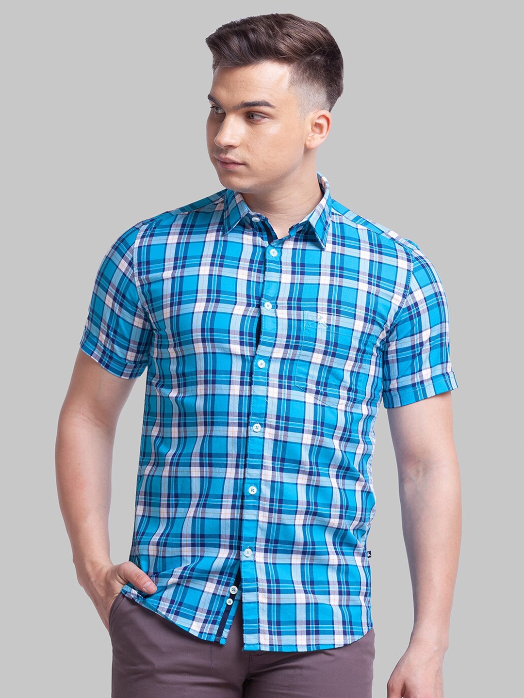 

Parx Men Slim Fit Tartan Checks Casual Cotton Shirt, Blue