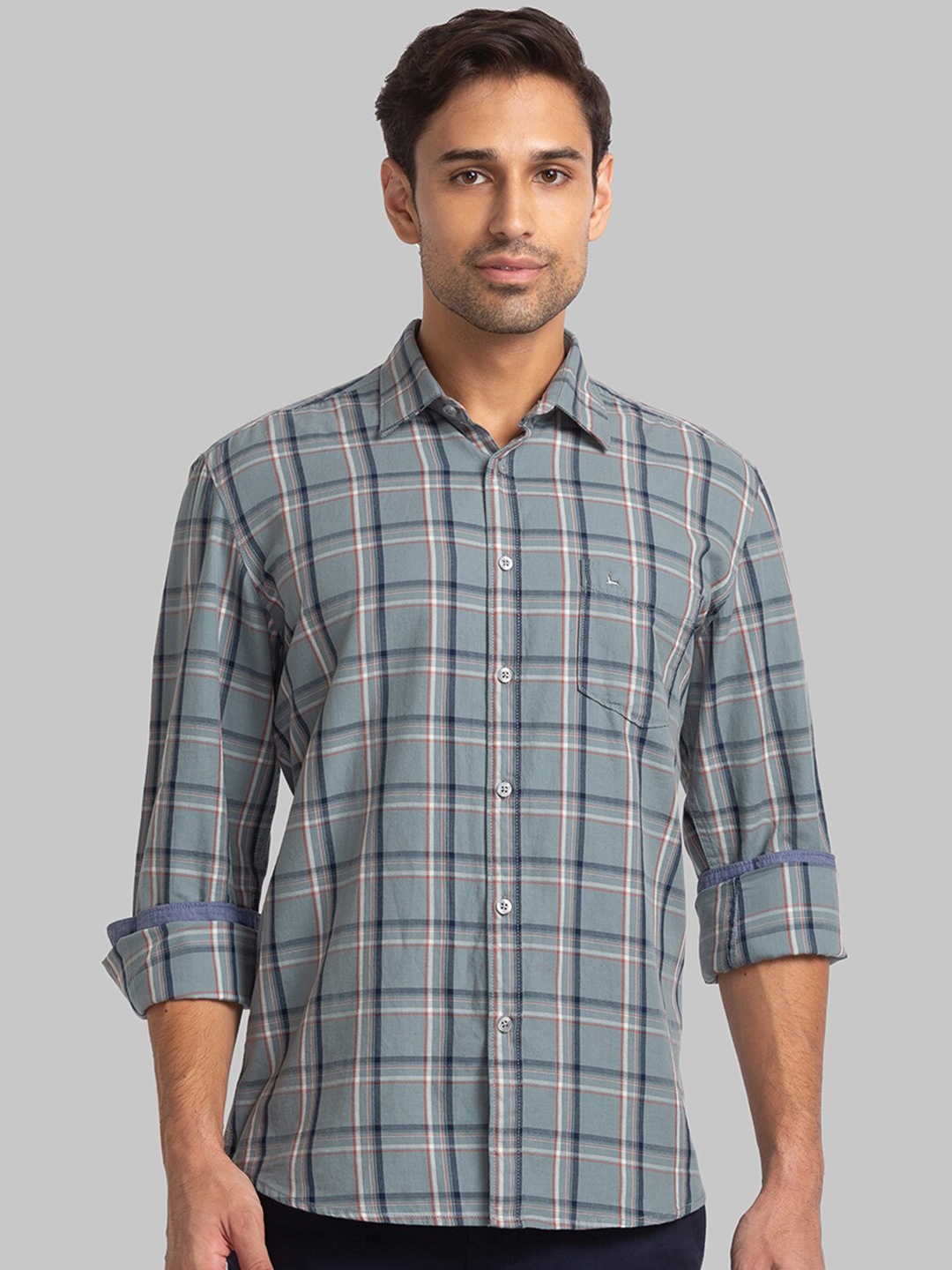 

Parx Men Slim Fit Checked Cotton Shirt, Grey