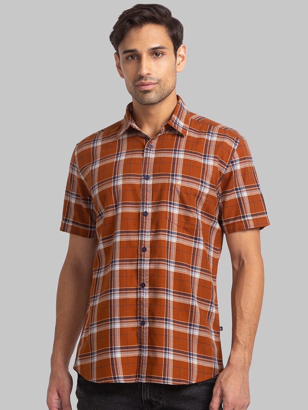 

Parx Men Slim Fit Checked Casual Cotton Shirt, Brown
