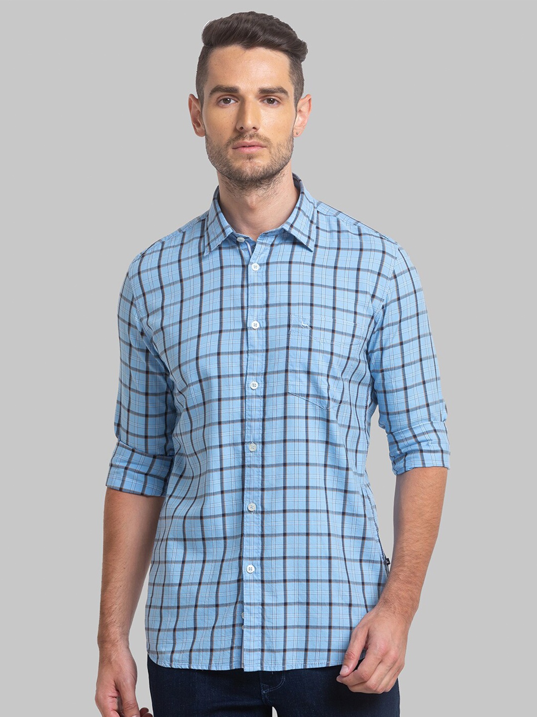 

Parx Men Slim Fit Checked Casual Cotton Shirt, Turquoise blue