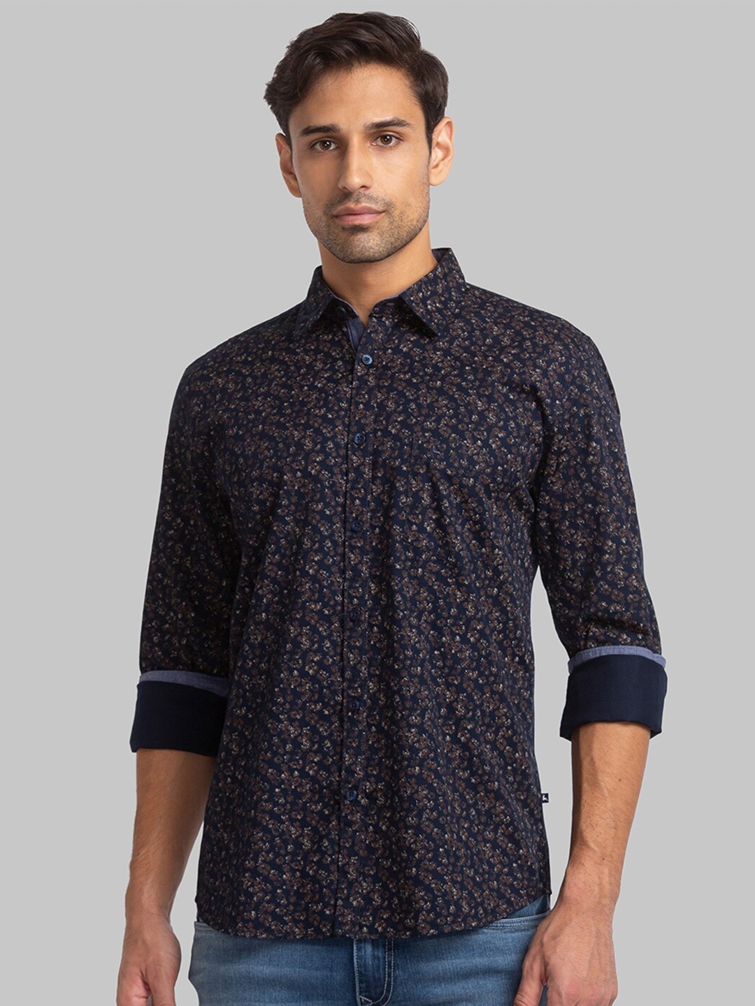 Parx Men Slim Fit Floral Printed Casual Cotton Shirt, Navy blue