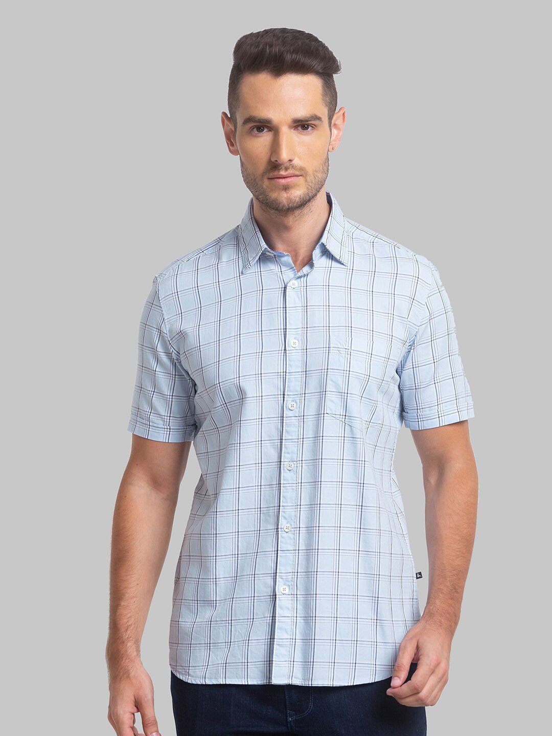 

Parx Men Slim Fit Windowpane Checked Casual Cotton Shirt, Blue