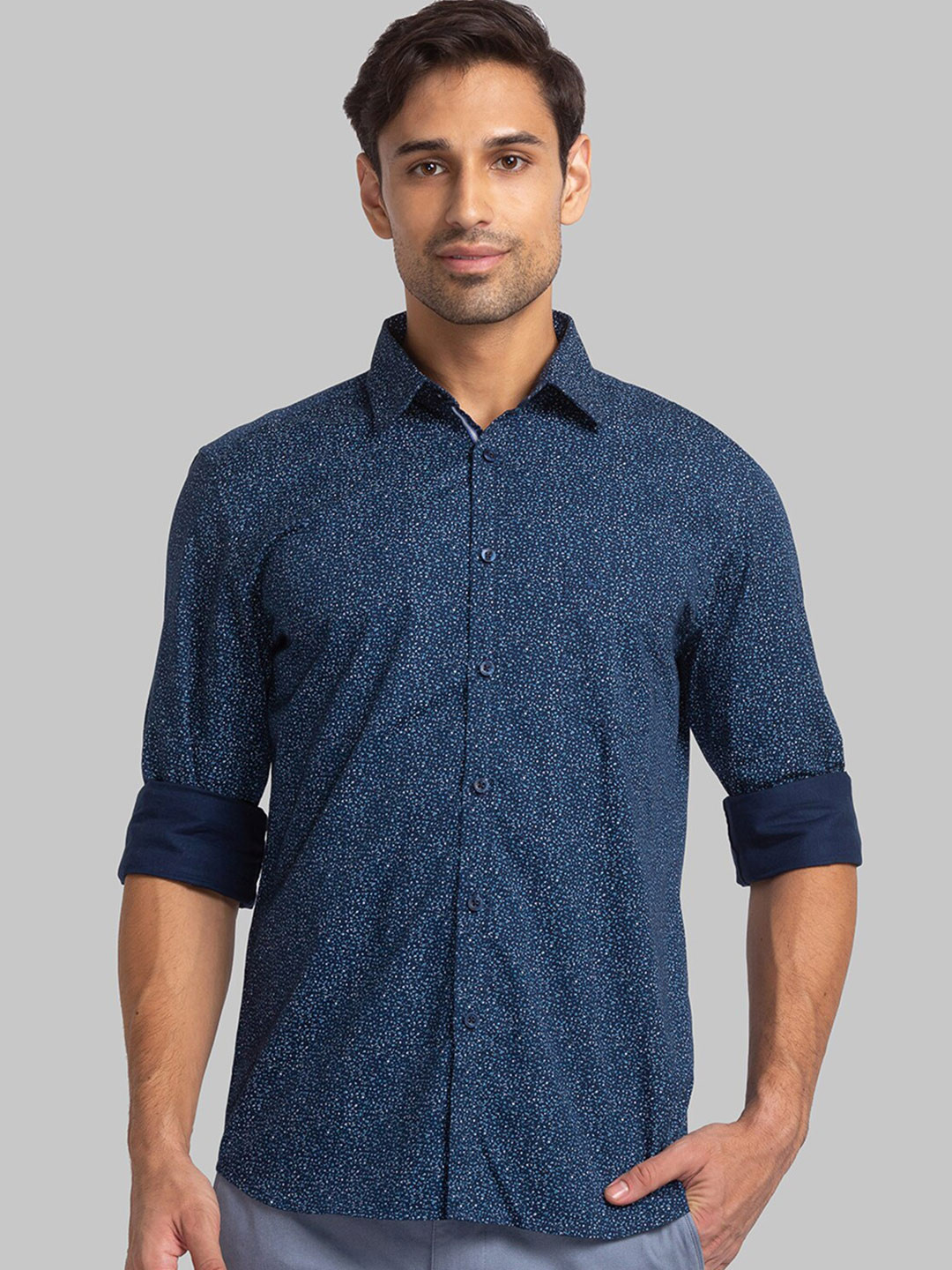 

Parx Spread Collar Slim Fit Printed Casual Cotton Shirt, Navy blue
