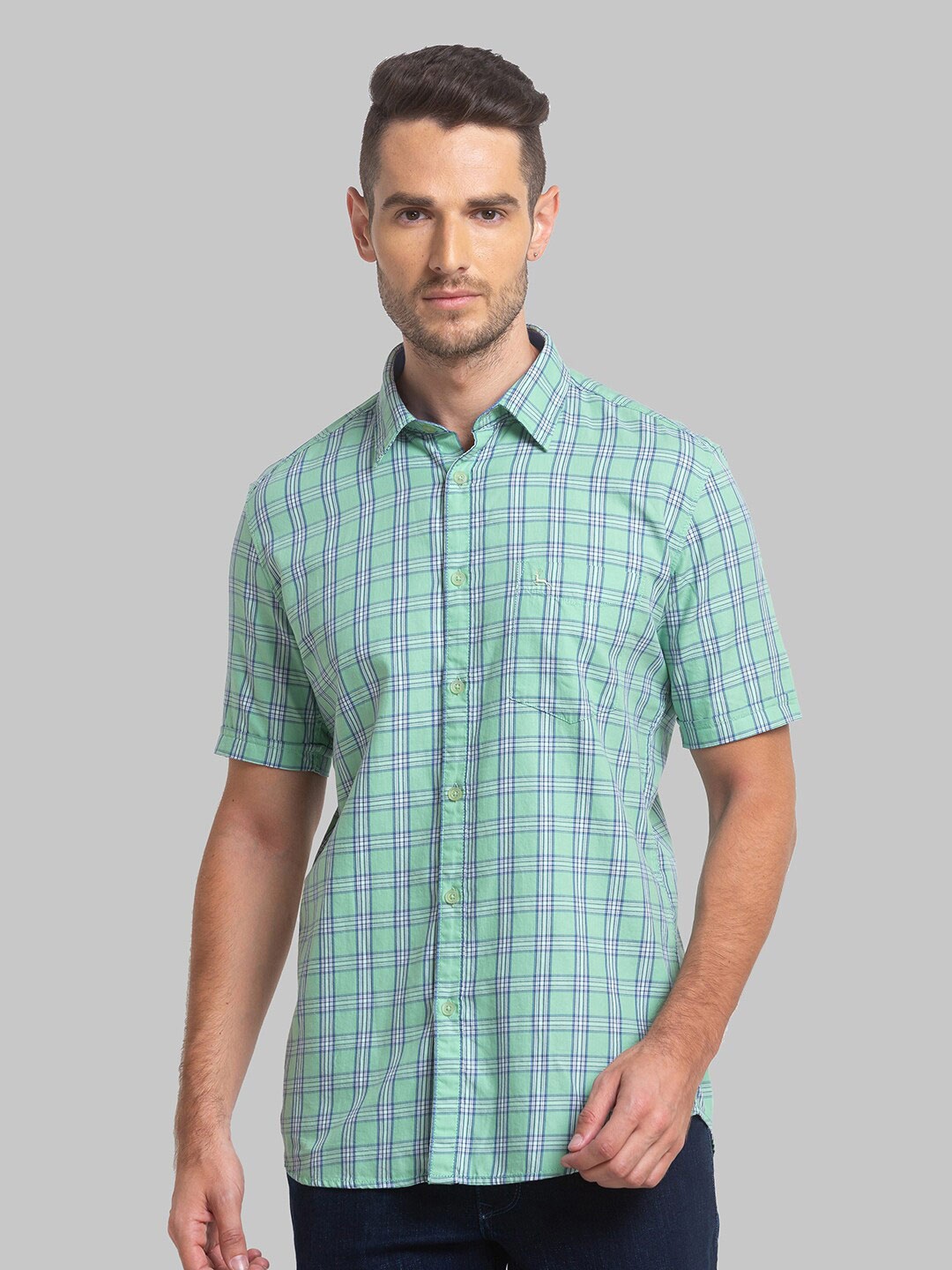 

Parx Spread Collar Slim Fit Checked Casual Cotton Shirt, Green