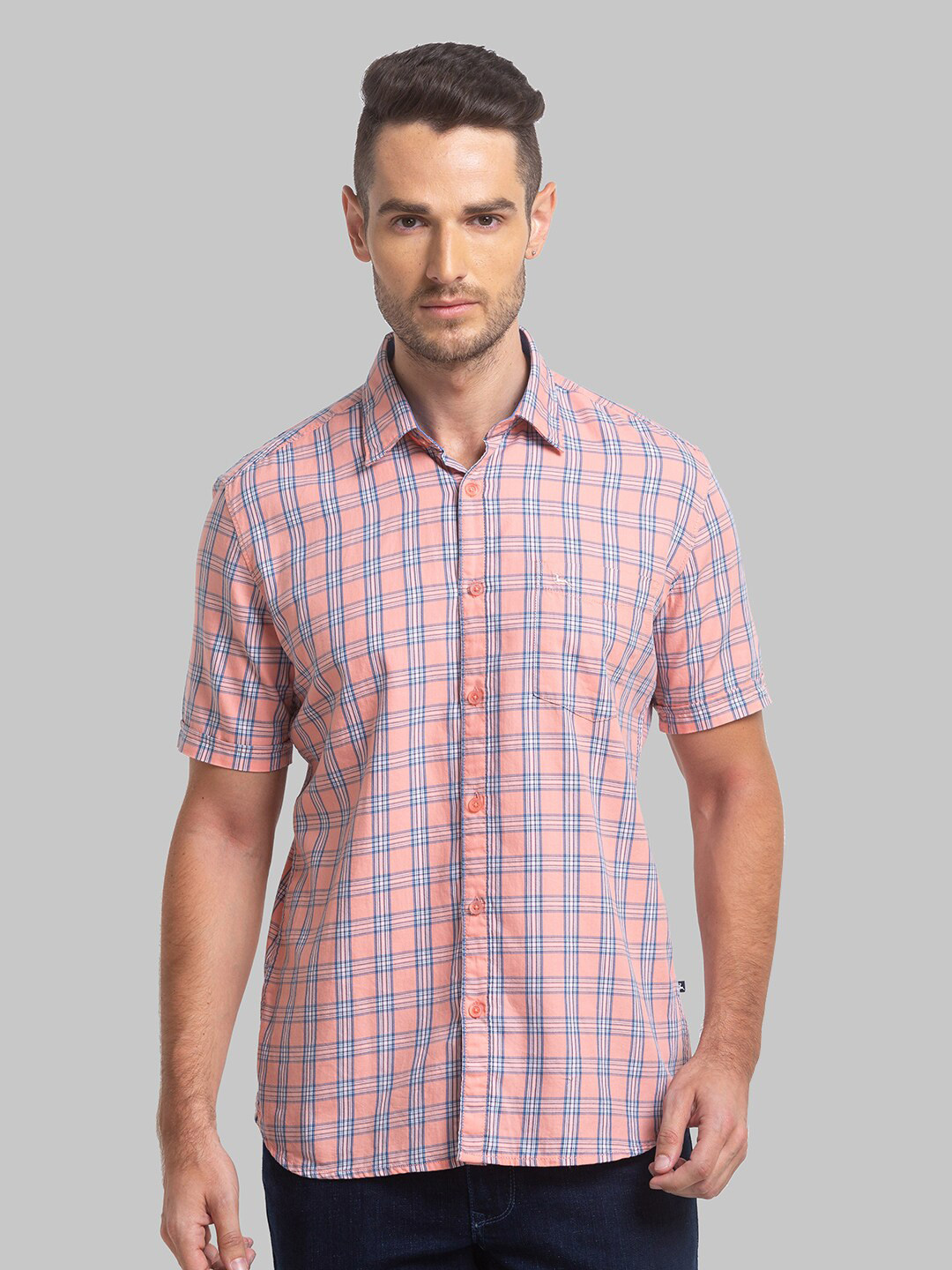 

Parx Spread Collar Slim Fit Checked Casual Cotton Shirt, Peach
